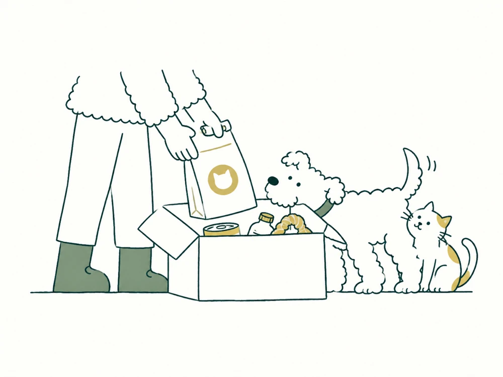Illustratie van een doos met diervoer en benodigdheden