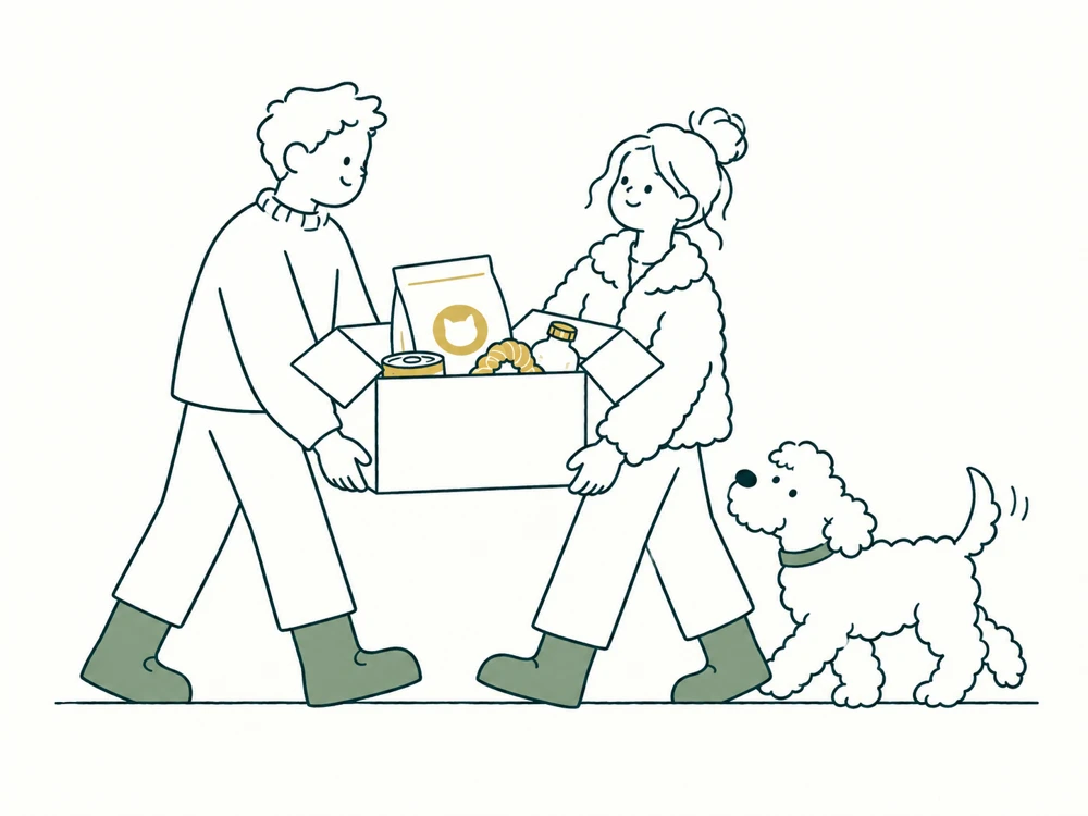 Illustratie van vrijwilligers die samen diervoer bezorgen