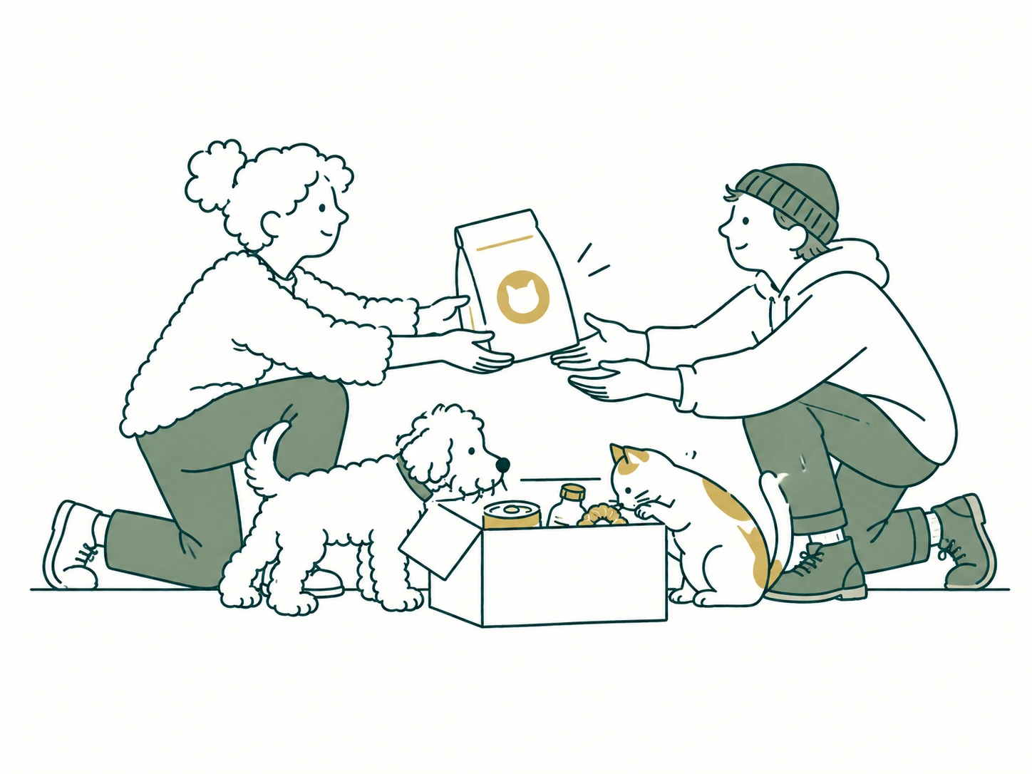 Twee diereigenaren delen een zak voer, terwijl een hond en kat de voorraad bekijken
