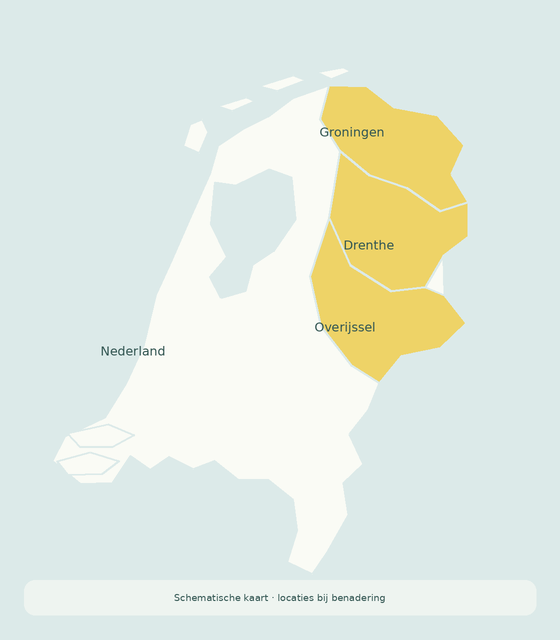 Schematische kaart van Nederland met Groningen, Drenthe en Overijssel in goudgeel